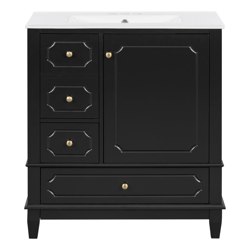 Meuble-lavabo 30 po avec lavabo, meuble-lavabo autoportant noir avec lavabo en céramique, structure en bois massif, porte à fermeture en douceur, 3 tiroirs, panneau de fibres à densité moyenne peint et bois d'hévéa, tablettes de rangement incluses