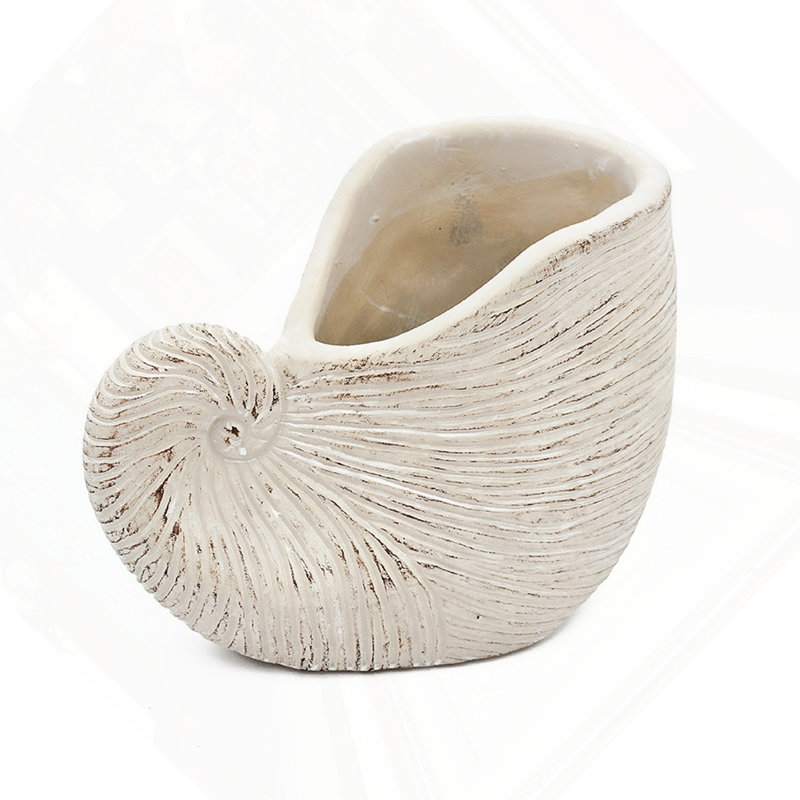 8.5X5.5X6.3" Sand And Cement Nautilus Shell Planter With Textured Beige Finish, 6.3" H x 8.5" W x 5.5" D