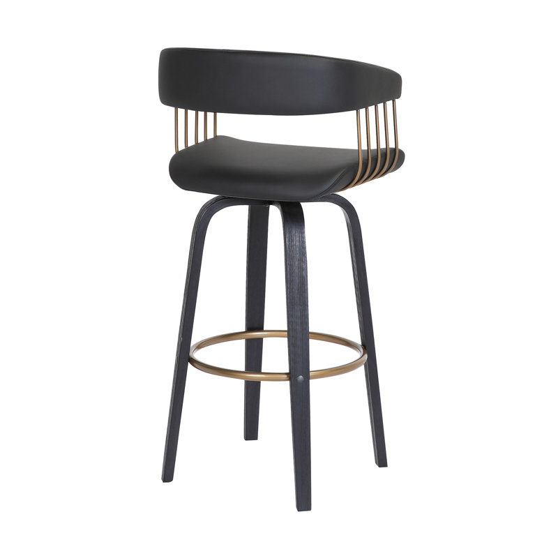 Lynnon Swivel Counter or Bar Height Bar Stool in Faux Leather, Wood and Golden Bronze Metal, Bar Stool (30.5" Seat Height)