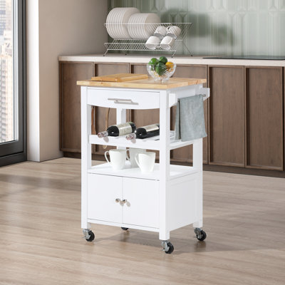 Michelle 3 Tier Butcher Block Kitchen Cart with Drawer, Wine Rack, & Cabinet