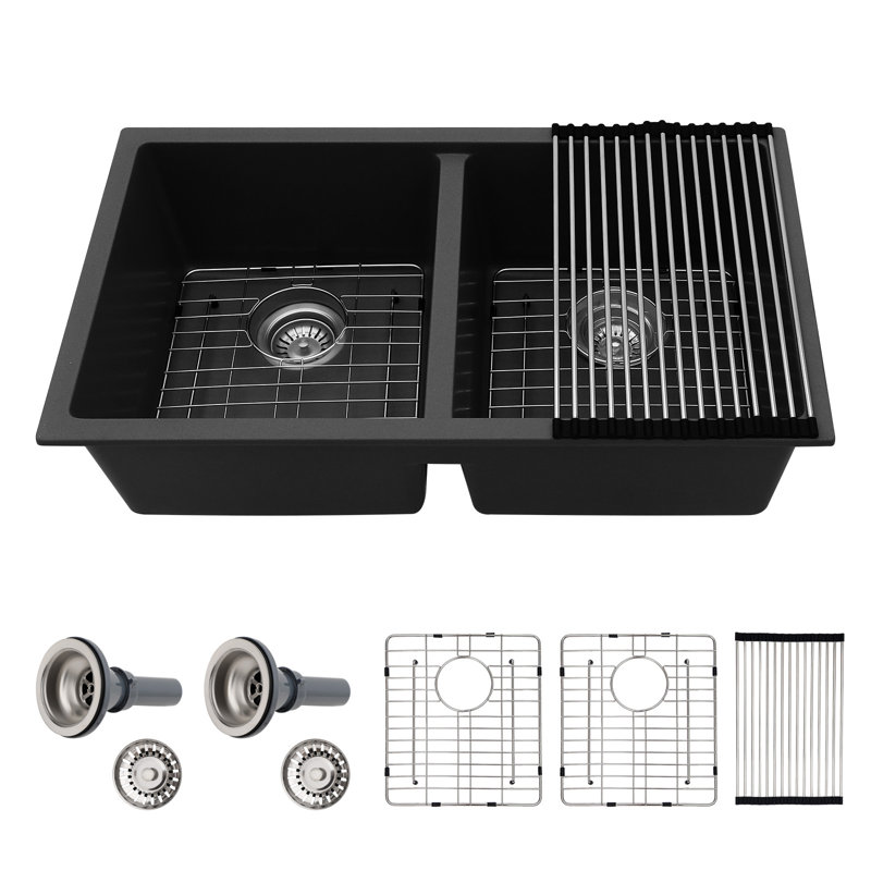 Évier de cuisine à double cuve en composite de granite avec grille d'évier L 33 po x l 19 po x 50 po, Noir