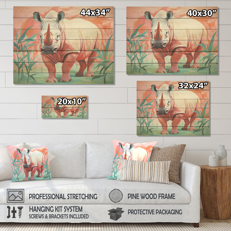 Rose et vert - Rhino Paradise III - Rhinocéros sur bois, H 24 po x l 32 po