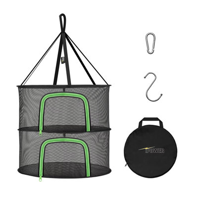 iPower 2-Layer 2-Feet Herb Drying Rack Hanging Mesh Net Dryer Collapsible with U-Shape Zippers, Pothook, Carabiner and Storage Pouch, for Hydroponics Flowers, Buds, Fruits, Seafoods, Clothes