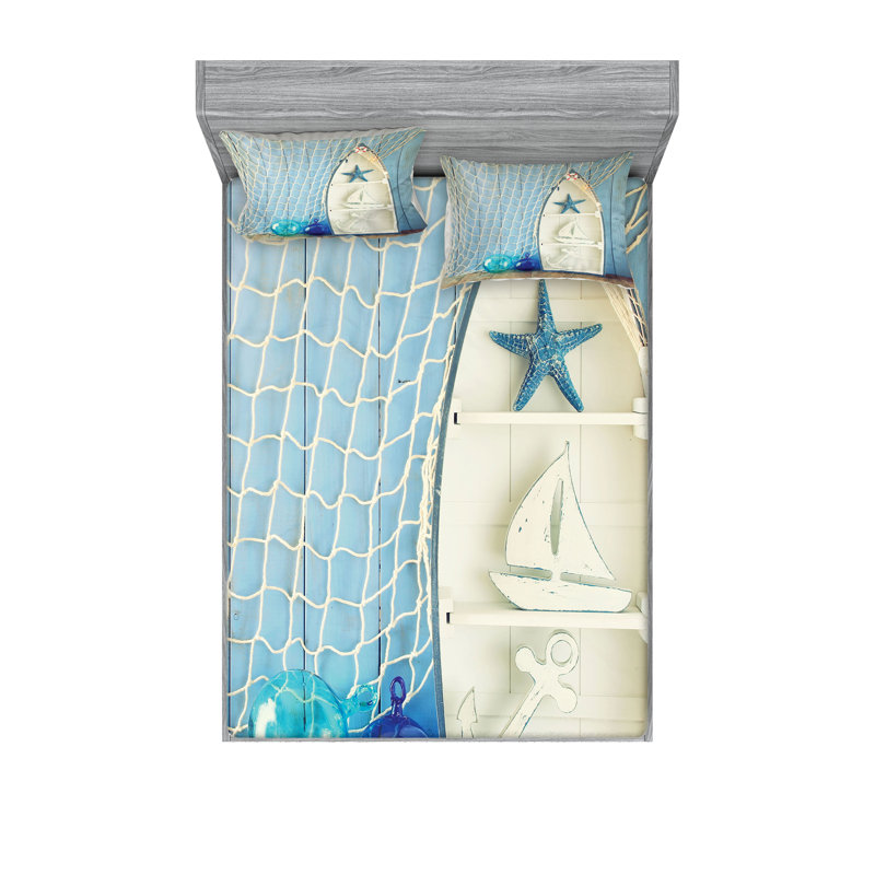 Drap-housse et coussin décoratif Ambesonne, bleu et blanc, Ensemble de draps pour lit double + 4 taies d'orei