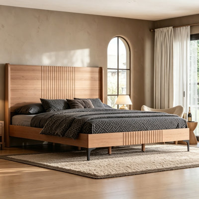 Structure de lit plateforme très grand de style Mid-Century en bambou avec tête de lit arrondie, support de lattes en bois massif, aucun sommier tapissier requis, naturel.