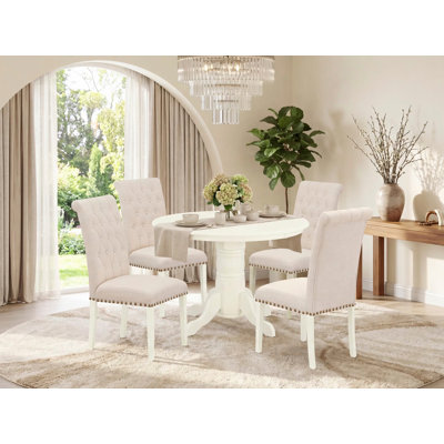 Ensemble de table de salle à manger 5 pièces comprenant une table de cuisine ronde avec piédestal et 4 chaises de salle à manger Parson en tissu beige clair, 42 po x 42 po, lin blanc