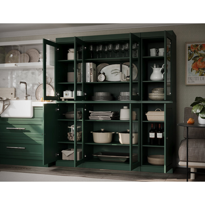 Garde-manger Jango 100% bois massif 65 po avec verre transparent, portes solides et tablettes réglables, Vert