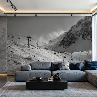 Peel and Stick Wallpaper Wall Mural black white view ski slope chair lift sun winter morning Wall Art Self Adhesive and Removable