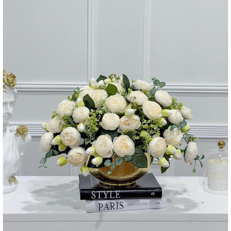 Large Faux White Peony Centerpiece: French Country Gold Vase Arrangement