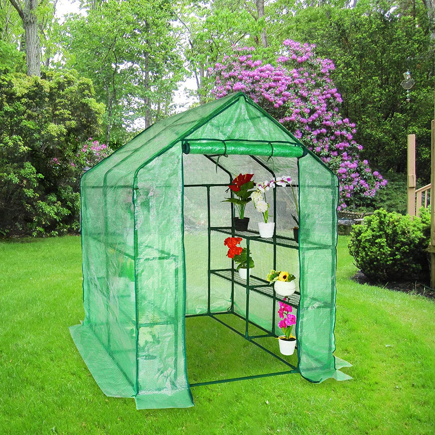 Sundale Outdoor Outdoor Potable Walk In Green House, Large Tier Shelf  Gardening Greenhouse With Waterproof Pe Cover, Plant Stands  Roll-up  Zipper Door, 56.2