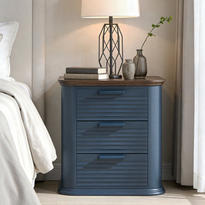 22" Large Tabletop Round Corner Nightstand with Charging Station Fluted Design with 3 Drawers