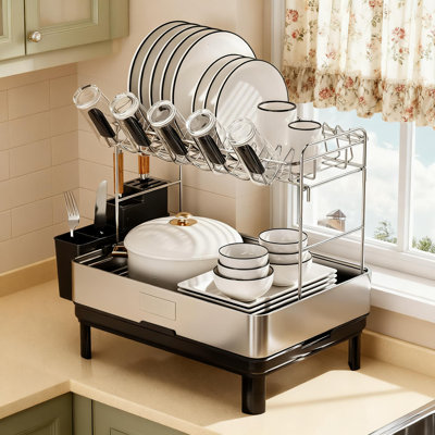 2-Tier Stainless Steel Dish Drying Rack With Automatic Drainage, Utensil And Cup Holder, Large Capacity Space Saving Kitchen Counter Dish Drainer