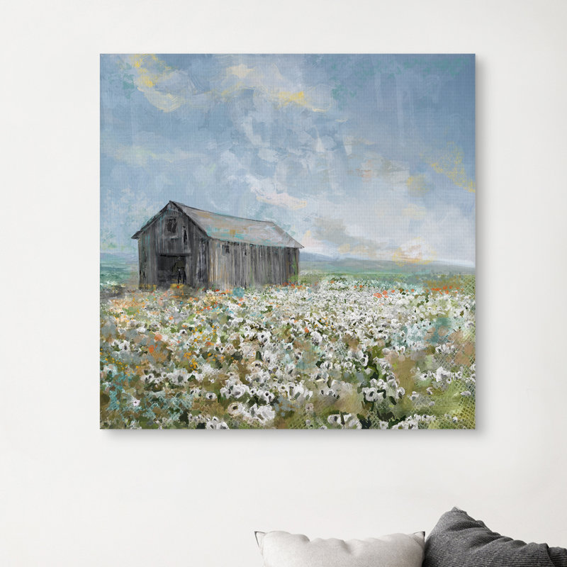 Barn with White Poppies - Reproduction d'art graphique sur toile tendue