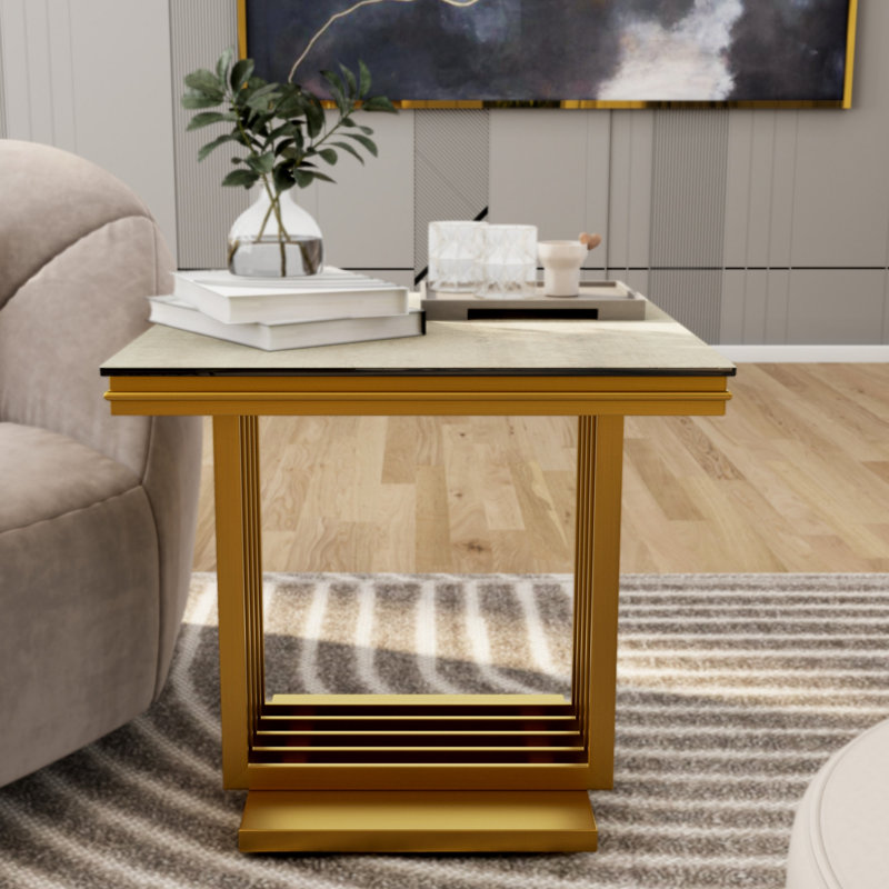 Table de bout en verre 24 po, Plateau beige / base dorée