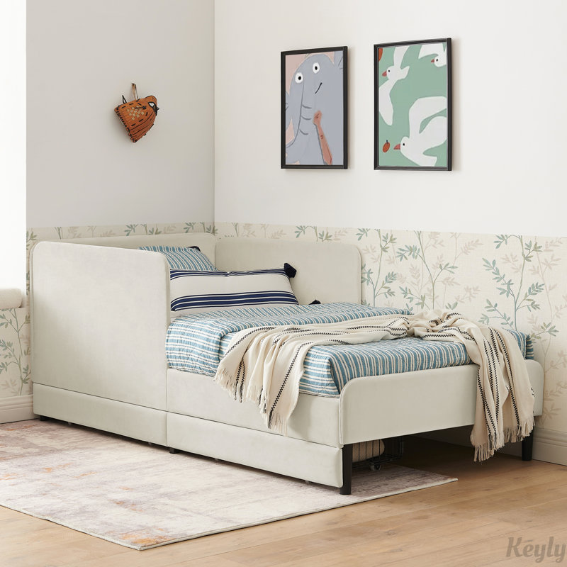 Structure de lit plateforme tapissier avec 2 tiroirs de rangement, Beige, Simple