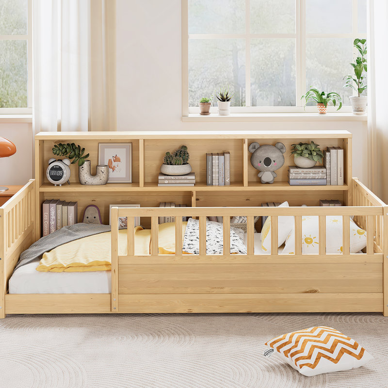 Lit en bois avec garde-corps et tablette de rangement, Lit simple, Naturel