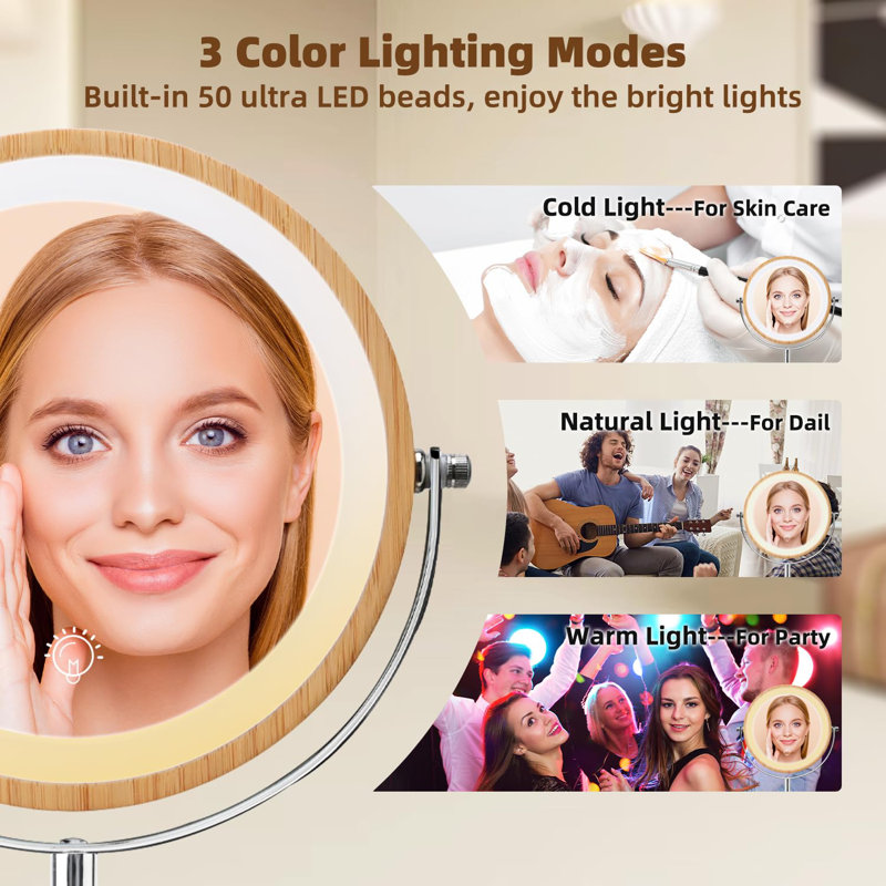 Lighted Makeup Mirror, Rechargeable 8" Bamboo Vanity Mirror, 1X/10X Magnifying Vanity Mirror With 3 Colours Dimmable Lightning, 360° Rotation Double Sided Cosmetic Light Up Mirror