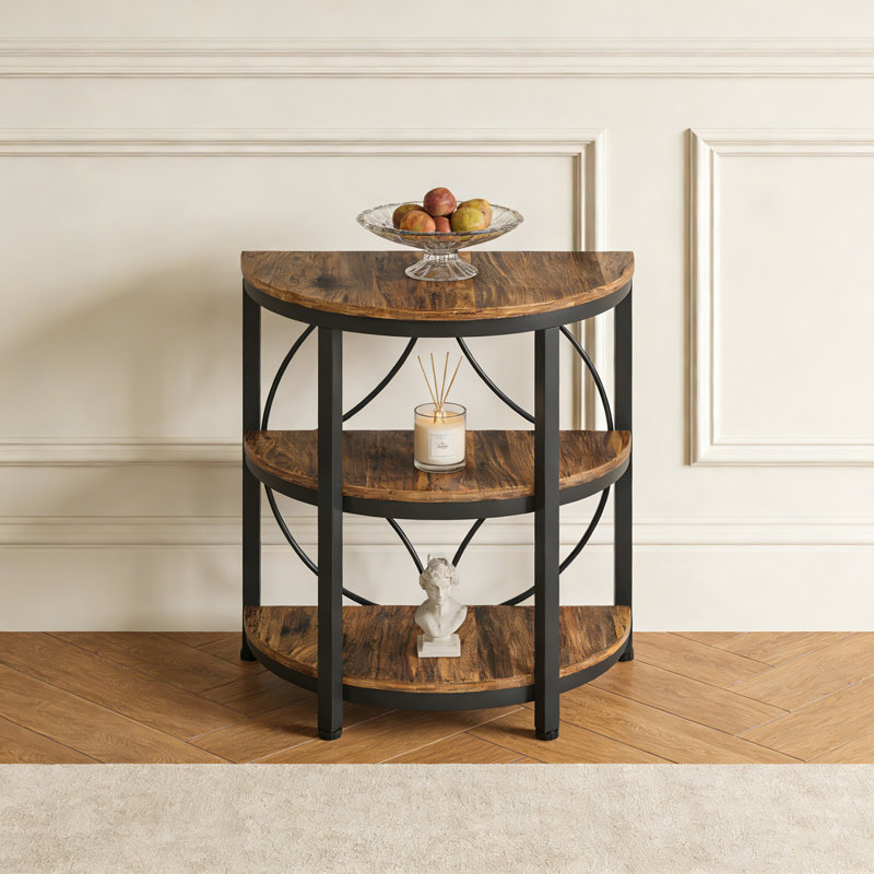 3-Tier Half-Round Narrow Side Table With Metal Frame, Brown & Black