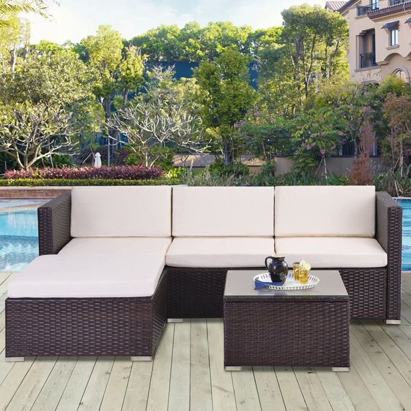 Rattan Garden Sofa Set With Glass Top Coffee Table, Brown Rupert, Cream