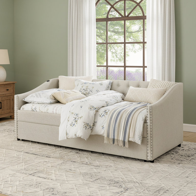 Lit de jour simple avec charge USB, lit extensible escamotable et conception élégante capitonnée pour une vie moderne, Beige