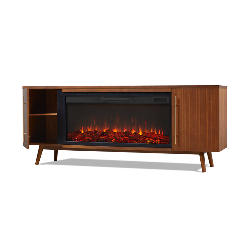 Morris 72" Mid-Century TV Stand with Electric Fireplace by Real Flame, Standard, Vintage Black Maple