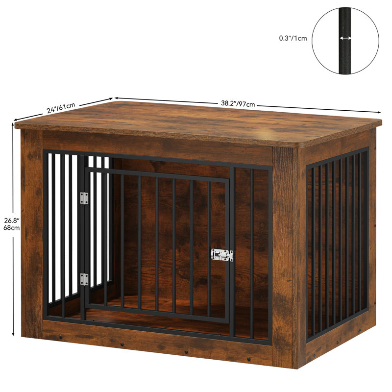 Wooden Dog Crate Furniture, Nightstand with Lock, Brown, 26.8" H x 38.2" W x 24" D