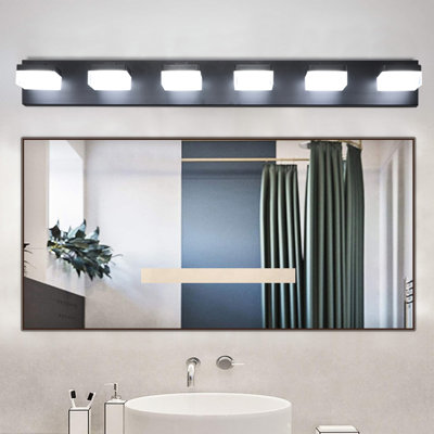 Miroir de courtoisie DEL noir à 6 spots pour salle de bain et coiffeuse - Haute transmission pour une utilisation en salle de bain