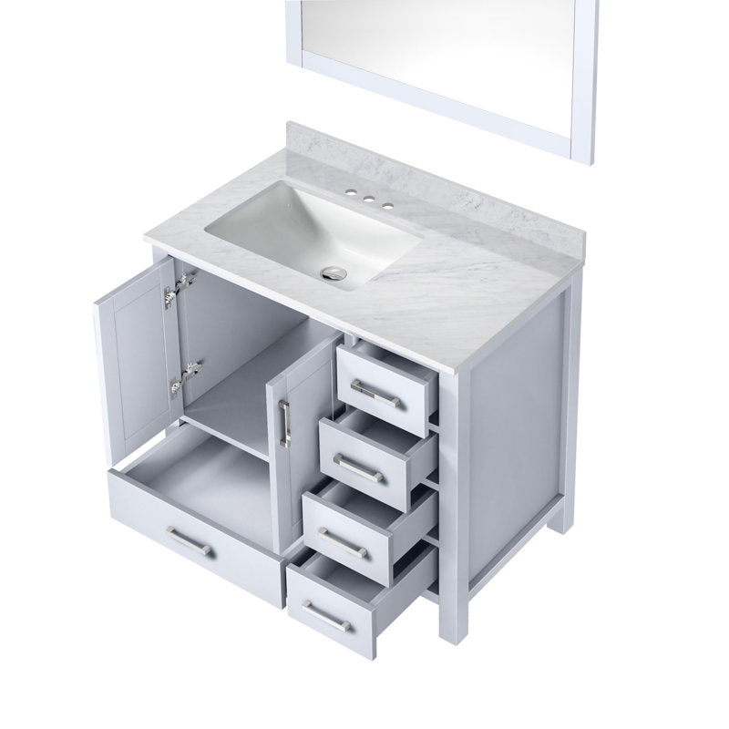 Jacques 36 in. W x 22 in. D Left Offset Bath Vanity and 34 in. Mirror, White, White Carrara Marble