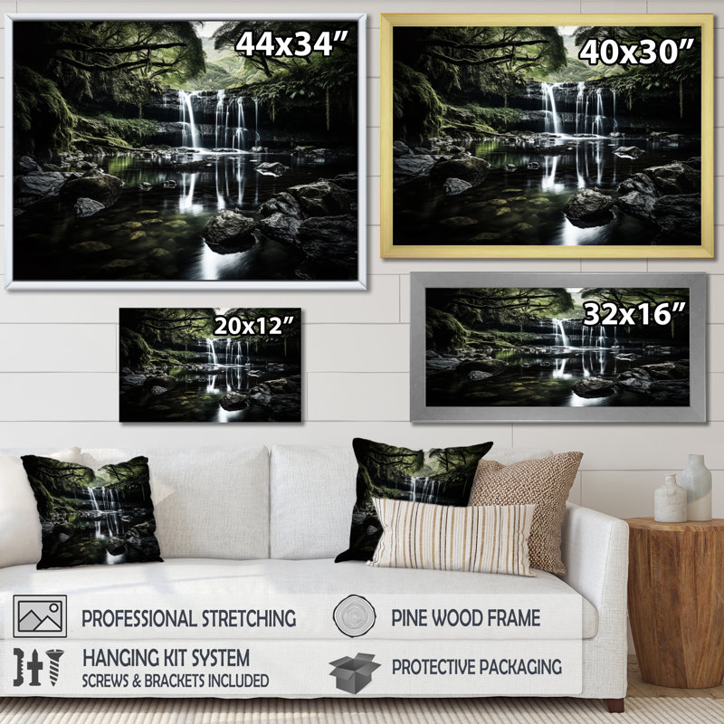 «Waterfall Serenity Falls», reproduction sur toile, H 16 po x l 32 po x P 1 po, Cadre simple argenté
