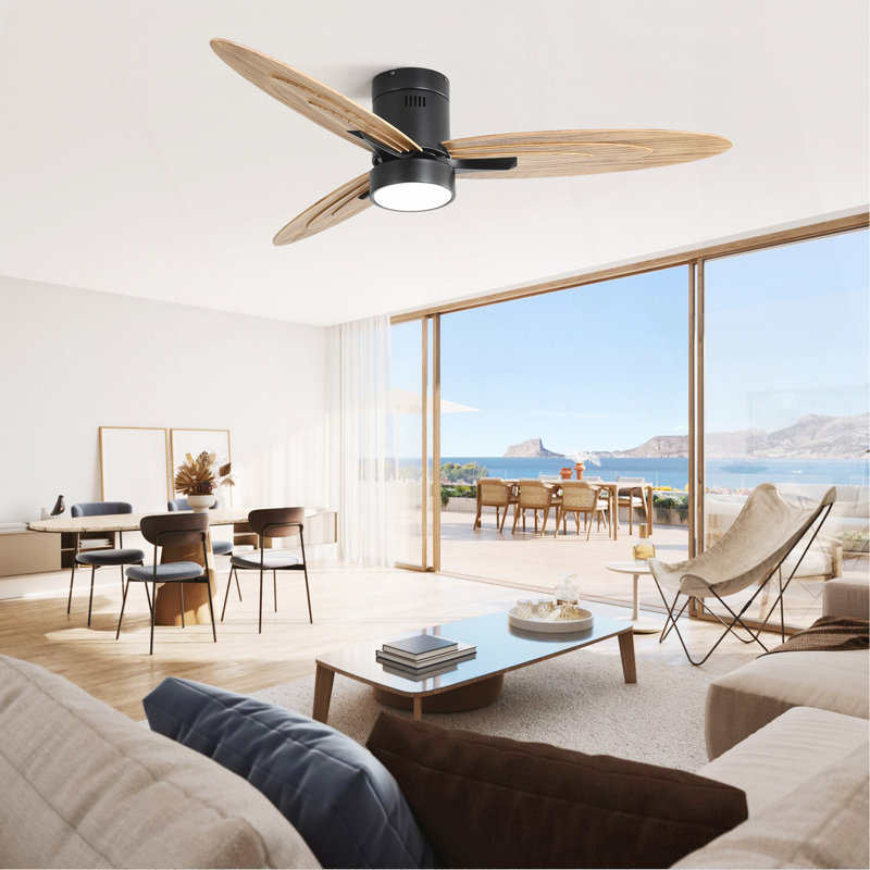 Ventilateur de plafond encastré de 56 pouces de conception moderne avec lumière et télécommande, moteur à courant continu réversible à 3 pales en bois massif noir