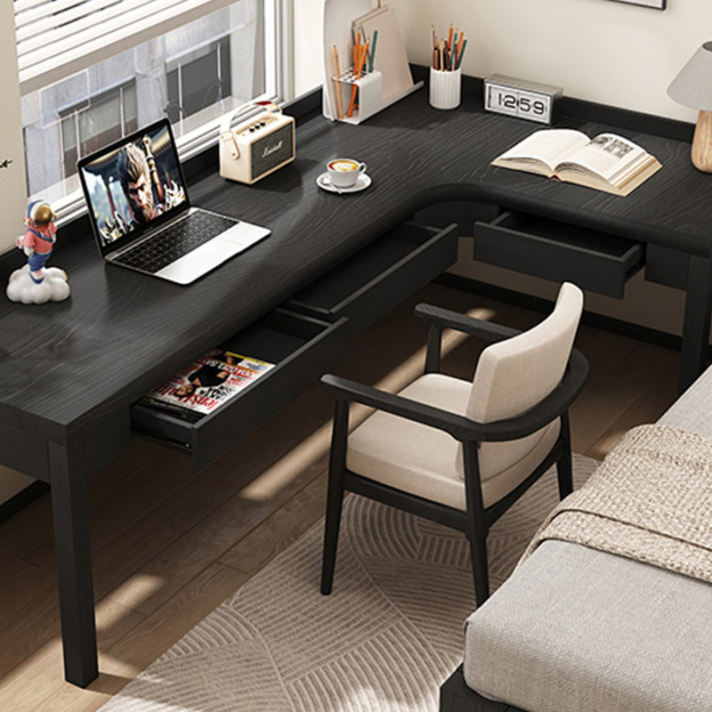 Bureau d'écriture en L en bois massif noir avec tiroirs, H 29,53 po x l 62,99 po x P 47,24 po, Retour à droite