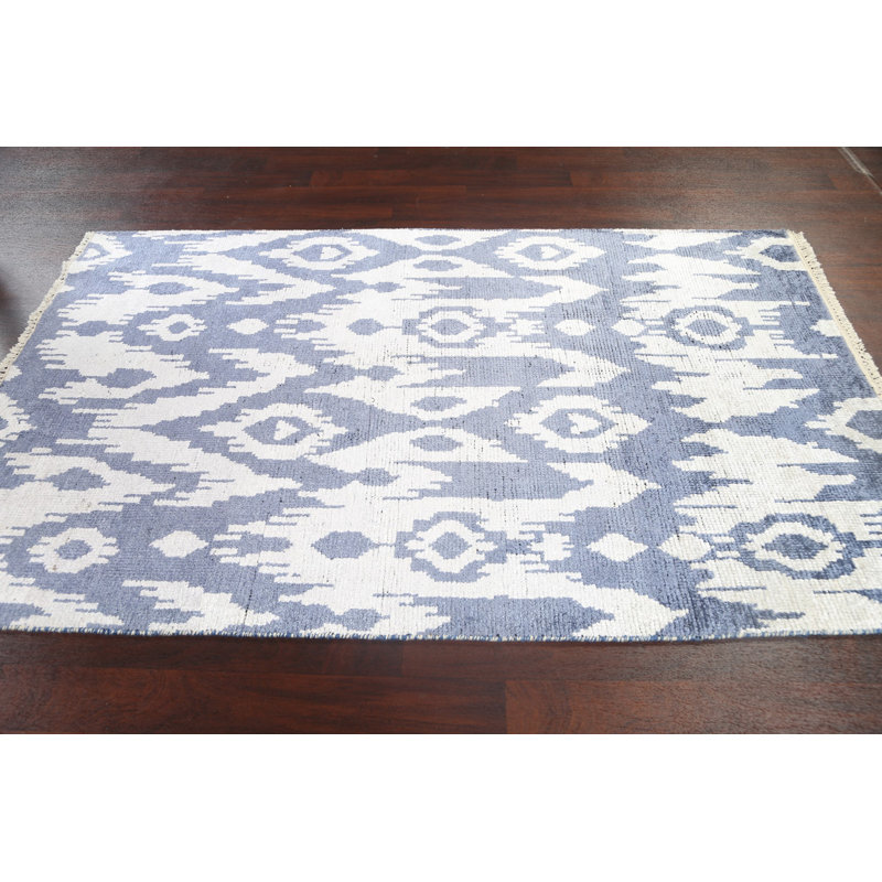 Tapis gris / ivoire noué à la main de conception unique 4 pi 10 po x 7 pi 10 po New Age