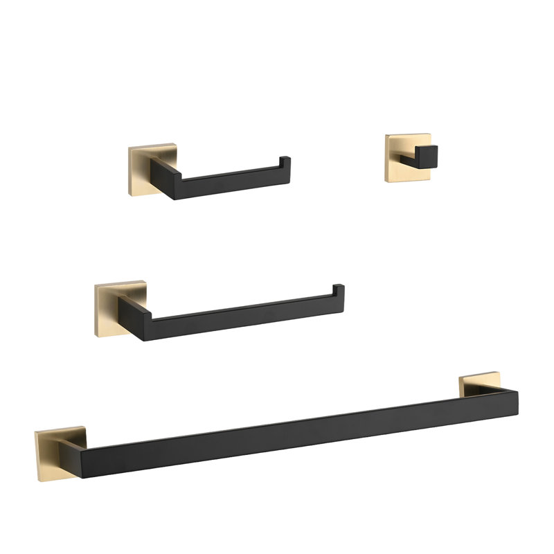 Ensemble de quincaillerie pour salle de bain 4 - touche moderne avec options de fixation cachées. Acier inoxydable de haute qualité, résistant à l'humidité et à la rouille. Scratch - Longévité. Pratique. Or et sophistication noir mat. Facile