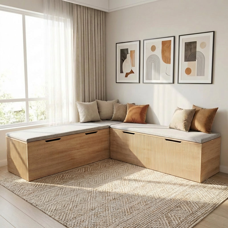L-Shaped Storage Bench With Cushion, Corner Bench Seating For Dining Room, Kitchen, Entryway, Natural Wood, Natural Wood