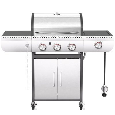 Barbecue au gaz propane liquide à 3 brûleurs HAVATO avec brûleur latéral et grilles en fonte émaillée en porcelaine (puissance de 34 000 BTU), argent