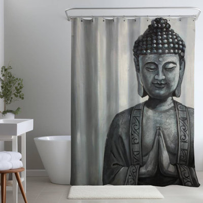 Gray Asian Buddha – Home Decor for Bedroom – Polyester Shower Curtain, Dye Sublimation Print, 71" W × 74" L