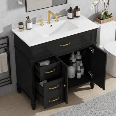 Meuble-lavabo de 36 po avec lavabo - 1 tiroir fonctionnel, tiroir supérieur décoratif et 2 portes à fermeture en douceur - Structure en bois massif, armoire de rangement autoportante pour salles de bain de taille moyenne à grande
