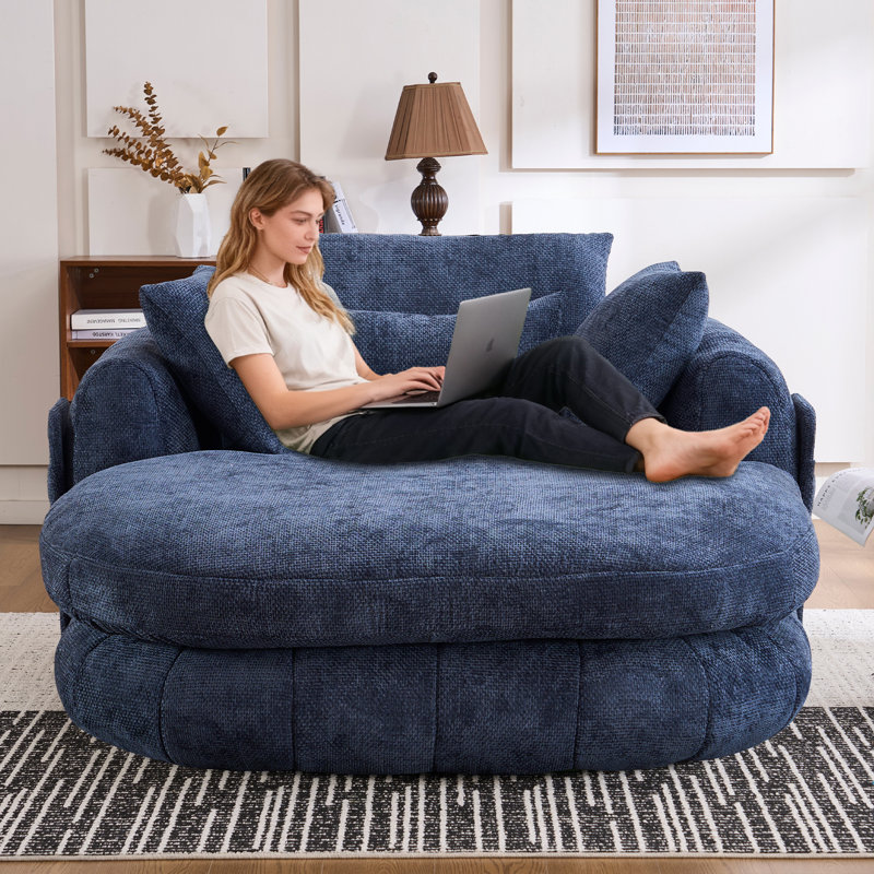 72.6" Blue Oversized Chaise Lounge Chair, Compression Chenille Sofa Bed, Deep Seat Comfy Sleeper Couch with Throw Pillow and Side Pocket, No Assembly Needed for Home, Bedroom and Movie Room