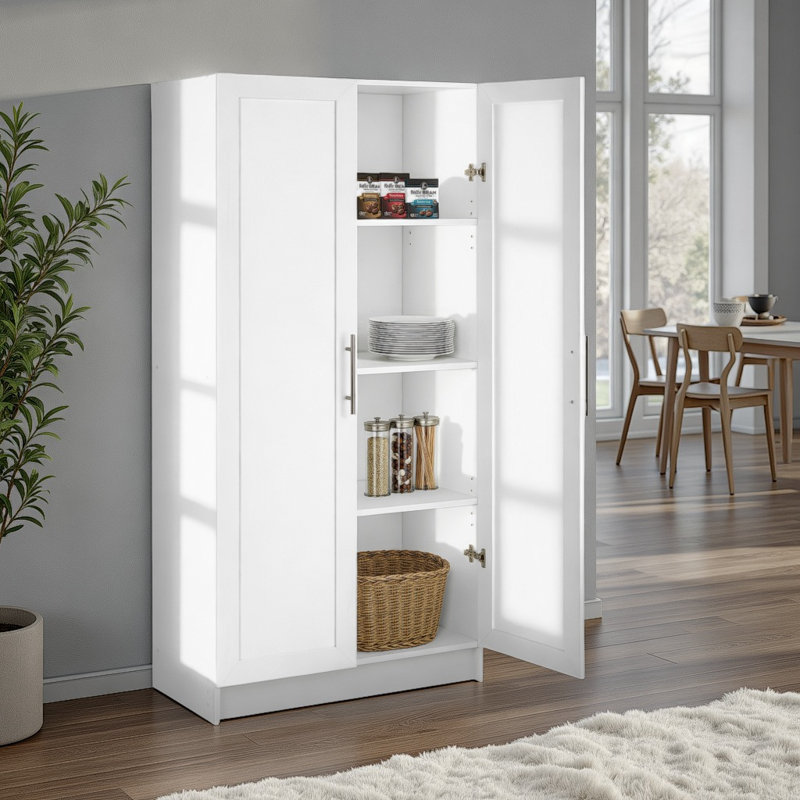 Watse 65" Tall Storage Cabinet with Panel Doors, Kitchen Pantry, Dining Room Cupboard with 2 Adjustable and 1 Fixed Shelf, Free Standing Living Room Accent Cabinet, 16.75"D x 32"W x 65"H, White