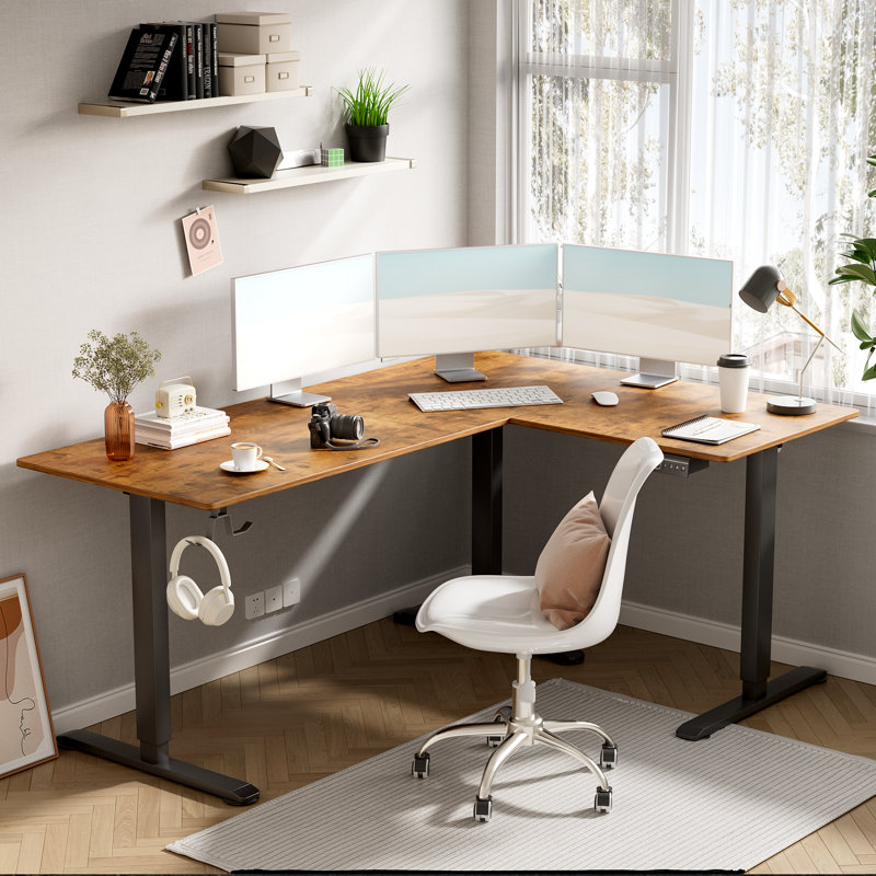 63" L Shaped Home Office Height Adjustable Electric Standing Desk, Brown/Black, 45.7" H x 63" W x 48" D