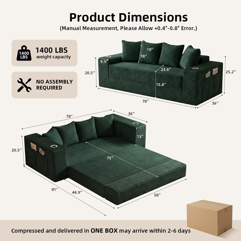 Upholstered 78 " Cotton Sofa, Green