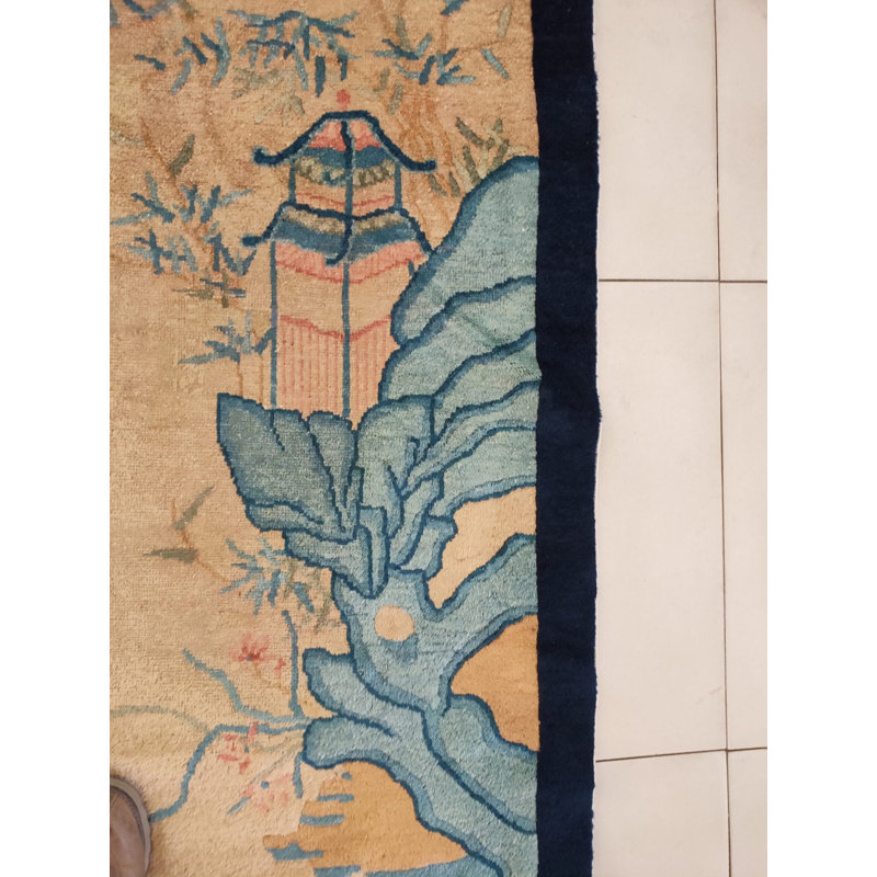Antique Chinese Peking Small Scatter Size Wool Yellow Rug