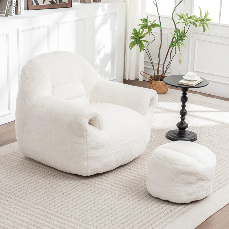 Fauteuil à billes avec dossier et repose-pieds, Fausse fourrure blanche