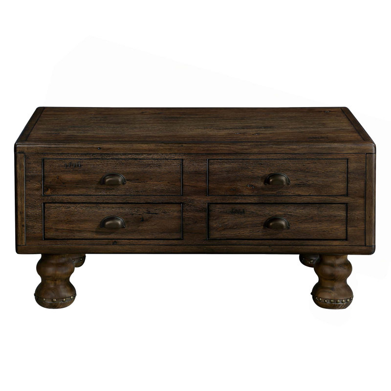 Table basse rectangulaire en bois massif pour le salon, table basse antique de 40 pouces à 4 tiroirs, table basse en bois avec pieds décoratifs à rivets, assemblage facile