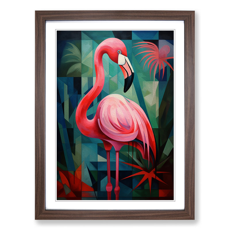 Flamingo Cubism No.2 - Framed Print, 34cm H x 25cm W x 2cm D, Walnut