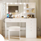 Greyden Makeup Vanity with Lighted Mirror, Outlets and 6 Drawers