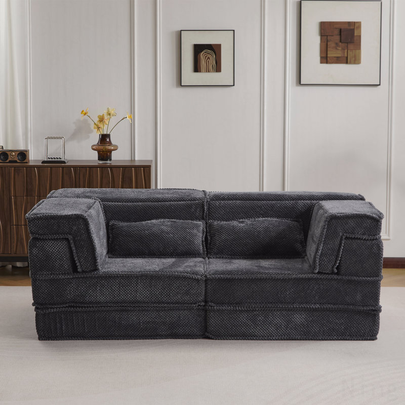 Compression Mahjong Sofa,Convertible Floor Sofa Bed,Diy Boneless Modular Sectional Sofa,No Assembly Required,Circle Fleece Fabric,Modern Oversized Loveseat,Dark Grey