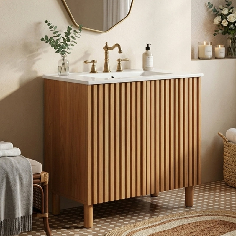 Meuble-lavabo simple 29,9 po avec comptoir en céramique, rangement pour armoire, tablette ajustable en forme de U, porte à rainure, style campagne moderne, salle de bain
