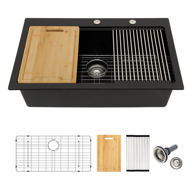 Quartz Workstation Kitchen Sink Drop In Single Bowl Kitchen Sink with Accessories, Noir, 33" L x 22" W