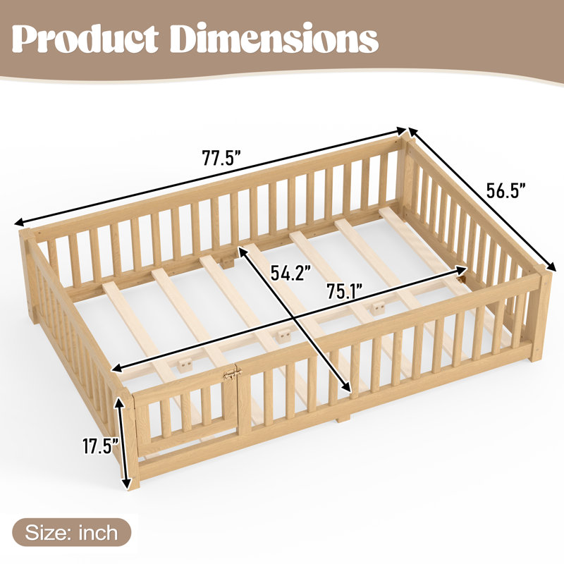 Lit double pour enfant avec garde-corps et porte de sécurité, grain de bois naturel, Lit double, Wood grain Natural